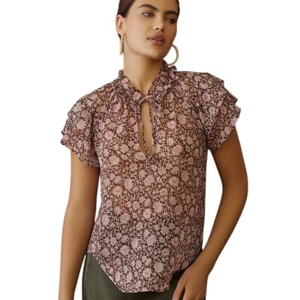 Anthropologie Blouse Womens Size XL Red Floral V Neck Flutter Sleeve Top Cute